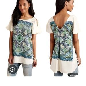 Maeve Anthropologie ivory silk floral mandala print short sleeve top tunic Sz S